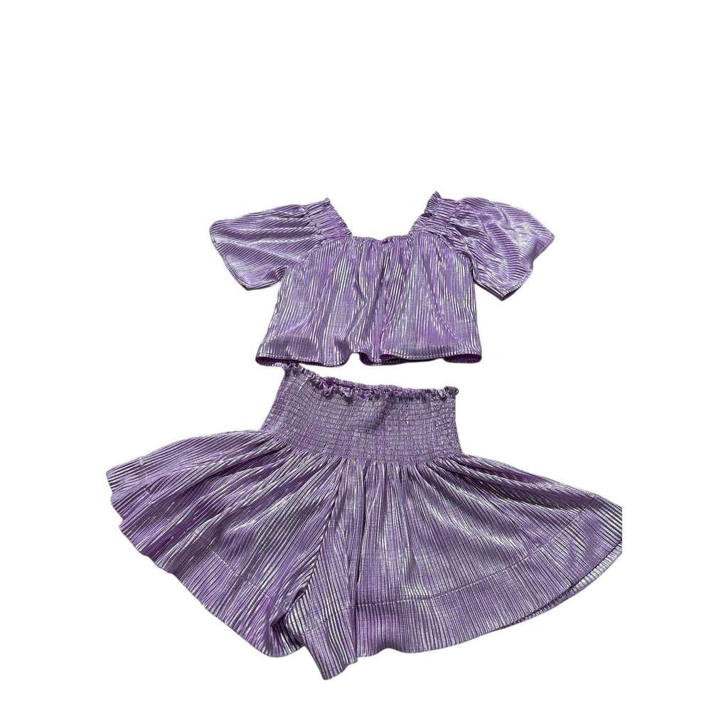 Queen of Sparkles Lavender Silver Ribbed Top And Short Set Size XS EUC